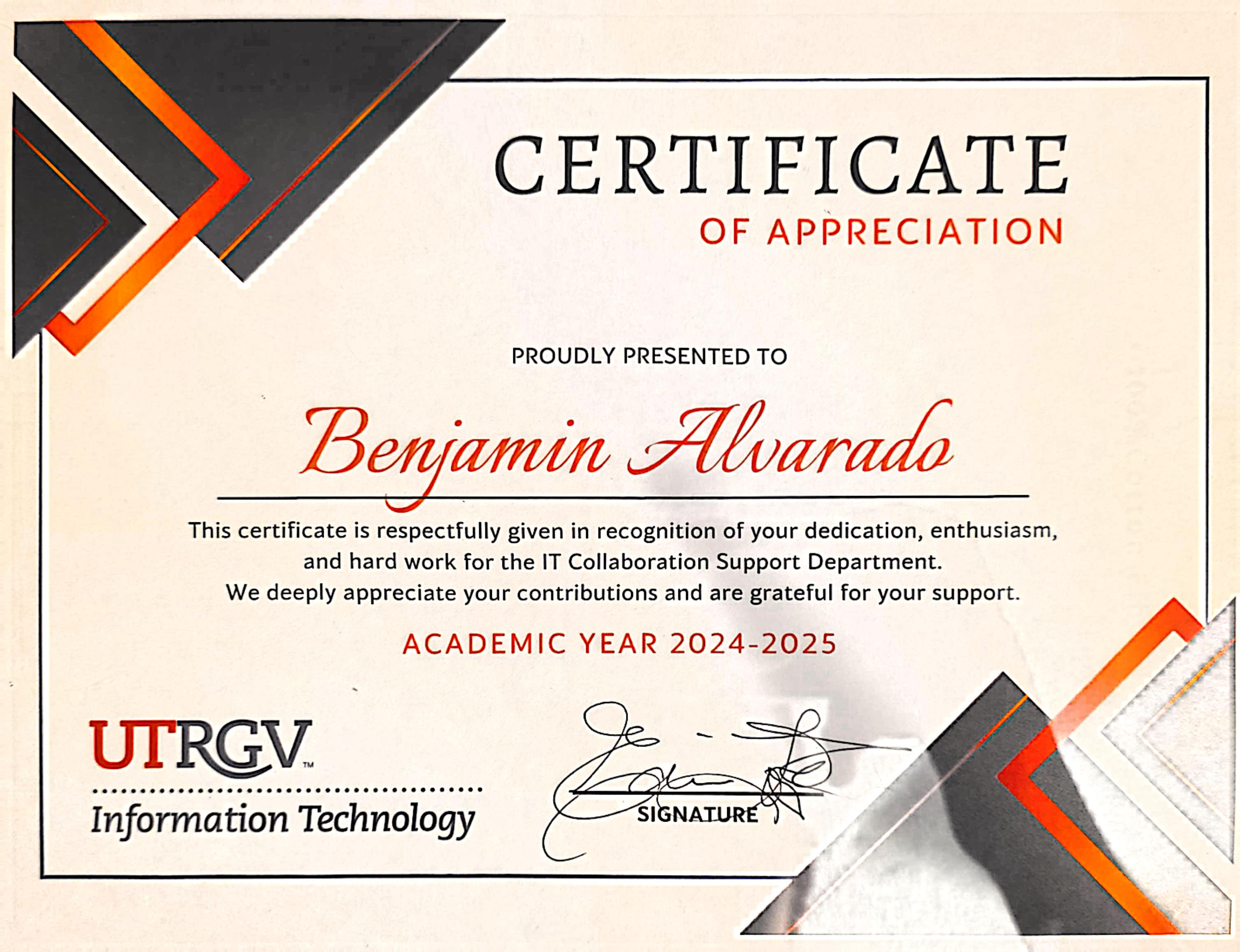 UTRGV IT—Certificate of Appreciation
